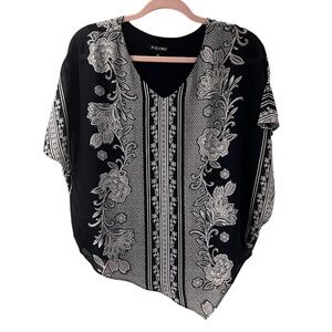 Roz & Ali Floral Mixed Print Asymmetrical Hem Blouse Navy Blue White